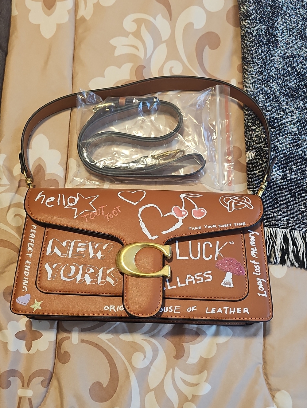 Brown Leather Graffiti Crossbody with Gold C-Clasp